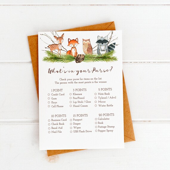 Woodland Animals Baby Shower Whats in your Purse, What's in your Purse, Woodland Baby Shower Purse Game, Forest Animals - WT2 Il_570xn