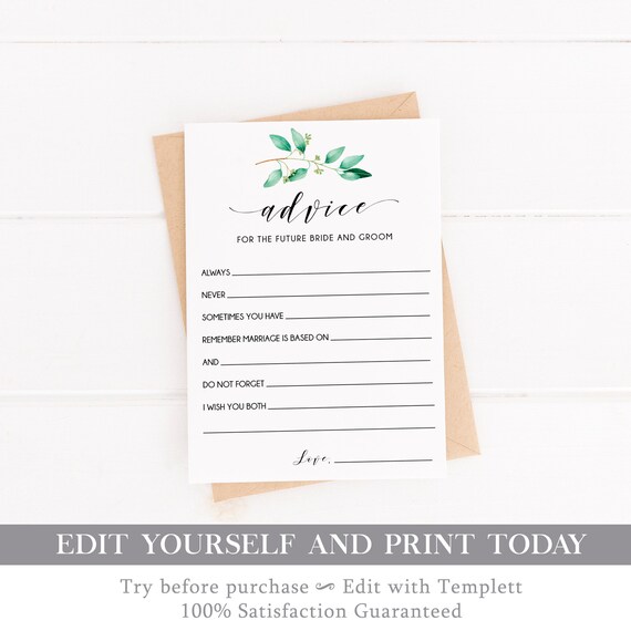 Advice for the bride and groom printable cards, Greenery wedding shower game template, editable advice and wishes card, instant download GN1 Il_570xn