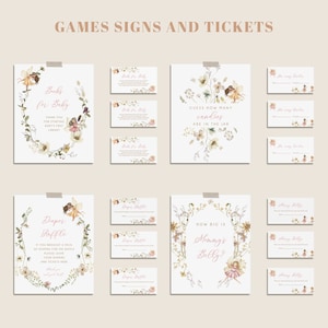 May include: A set of printable baby shower game signs and tickets featuring a floral design with a fairy. The signs include "Books for Baby", "Diaper Raffle", "Guess How Many Candies Are in the Jar", and "How Big is Mommy's Belly?"