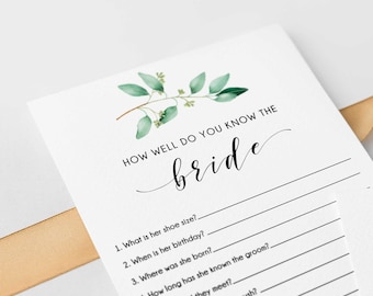 EDITABLE How Well do you Know the Bride Game, Who Knows the Bride Best, Printable, Greenery Bridal Shower Game, Instant Download - GN1