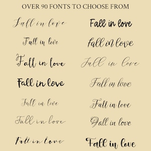 May include: A collection of 90 different fonts displaying the phrase "Fall in love" in various styles. The fonts are displayed in black on a light beige background.