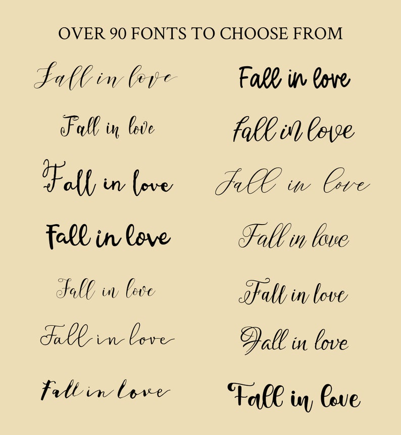May include: A collection of 90 different fonts displaying the phrase "Fall in love" in various styles. The fonts are displayed in black on a light beige background.