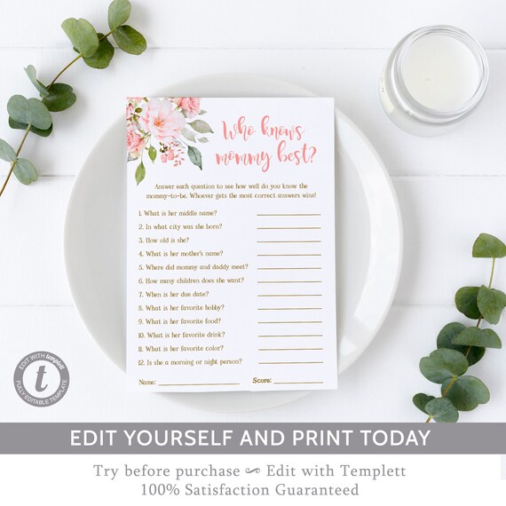 Editable Who Knows Mommy Best Game, Printable Baby Shower Game Template, Baby Girl Shower - FL20 Il_570xn