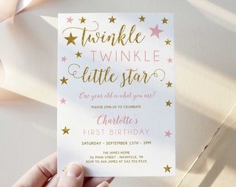 Twinkle Little Star Birthday Invitation Girl, Modèle d’invitation au premier anniversaire, Téléchargement instantané - SG2