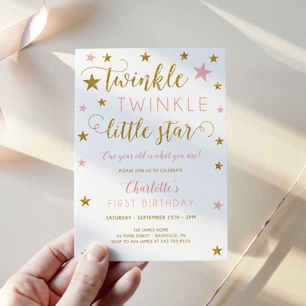 Twinkle Little Star Birthday Invitation Girl, First Birthday Invite Template, Instant Download - SG2