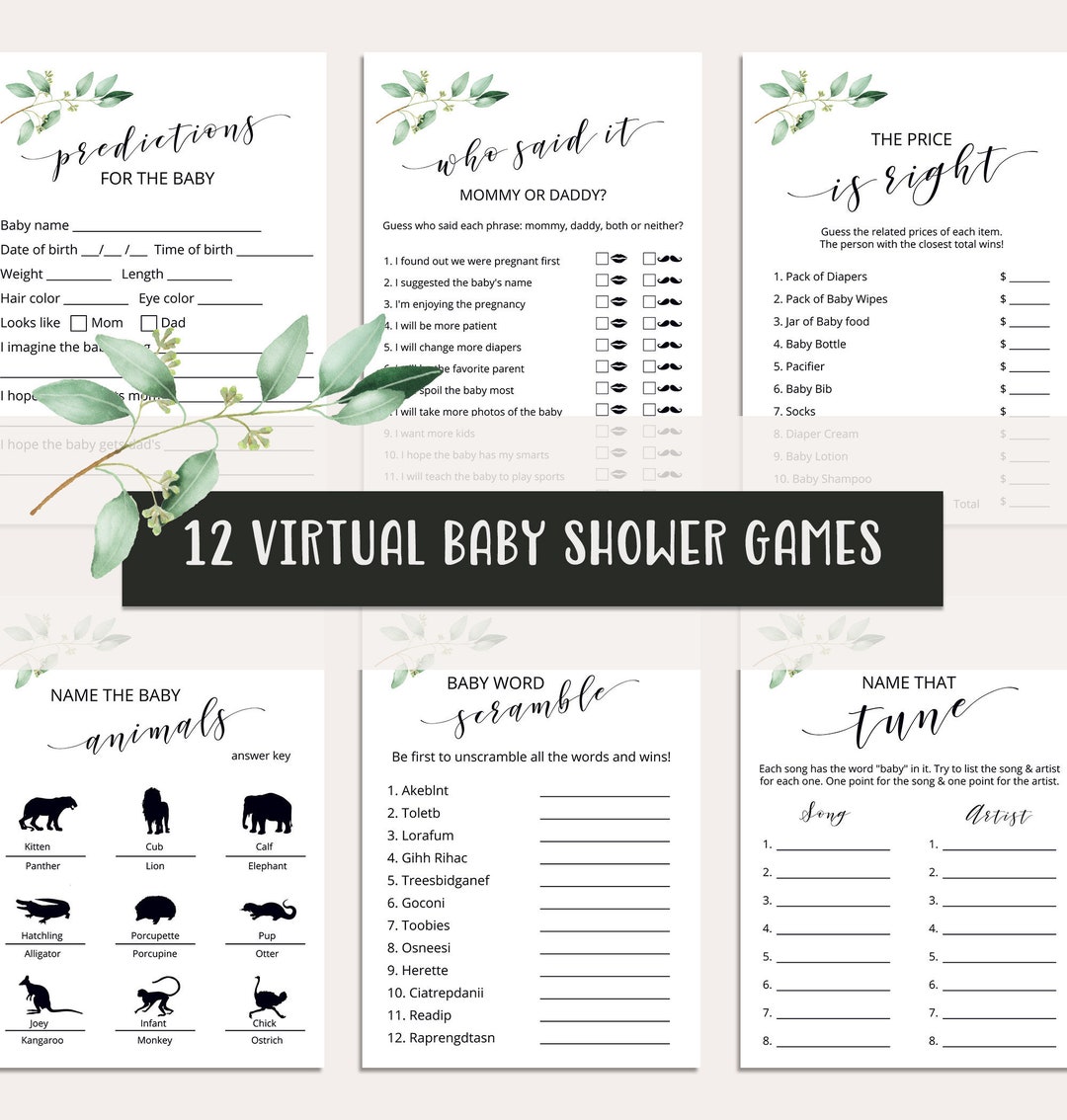 Virtual Baby Shower Games Zoom Baby Shower Games Greenery Baby Shower Game Online Baby Shower