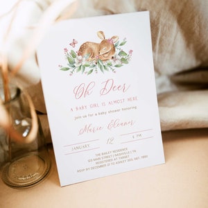 Oh Deer Baby Shower Invitation, Deer Baby Shower Girl, Deer Girl Invitation Template, Instant Download - FB9