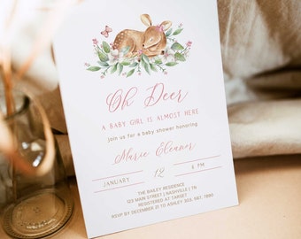 Inbjudan till babyshower med hjortmotiv, babyshowerflicka med hjortmotiv, inbjudningsmall för hjortflicka, direktnedladdning - FB9