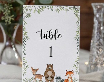 Woodland Baby Shower Table Number Cards, 5x7 Table Numbers, Forest Animals Table Decor, Printable - WD2