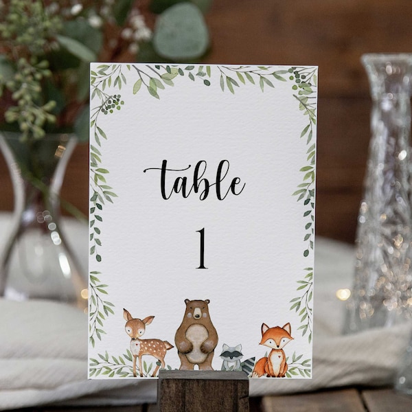 Woodland Baby Shower Table Number Cards, 5x7 Table Numbers, Forest Animals Table Decor, Printable - WD2