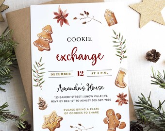 May include: A white invitation card for a cookie exchange, featuring watercolor illustrations of gingerbread cookies, a Christmas tree, and poinsettias. The text reads "Cookie Exchange" and includes the date, time, and location.