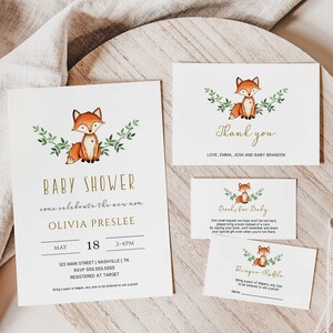 Suite d’invitation Fox Baby Shower, Livres pour bébé, Tombola de couches, Cartes de remerciement, Modèle d’invitation Woodland Baby Shower - WT1