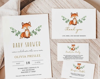 Fox Baby Shower Invitation Suite, Books for Baby, Diaper Raffle, Thank you Cards, Woodland Baby Shower Invite Template - WT1