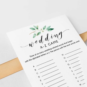 Wedding A-Z Game, Wedding A-Z cards, Wedding a to z game, Printable, Instant Download, Bridal Shower a to z game, Greenery Wedding - GN1
