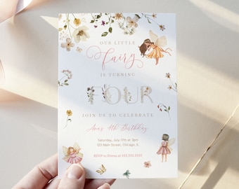 Fairy Birthday Invitation, Fairy Girl 4th Birthday Invite, Wildflower Enchanted Garden Invitation Template, Instant Download - FB5