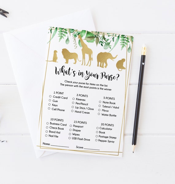 Whats in Your Purse Safari Baby Shower Game, Instant Download, Gold Safari Baby Shower, What's in Your Purse Printable Il_570xn