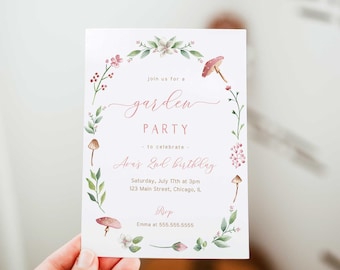Garden Birthday Invitation, Garden Party Invite, Mushroom Garden Invitation Template, Instant Download - FB9