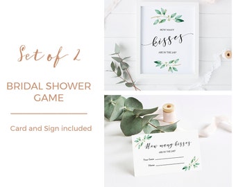How Many Kisses In The Jar Bridal Shower Greenery Bridal Shower Game, Kisses In The Jar Card, Eucalyptus Bridal Shower Printable - GN1