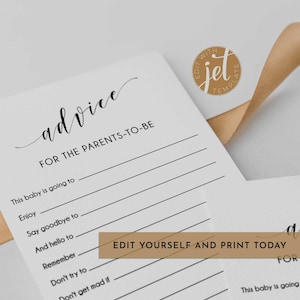 May include: A printable advice card for new parents with the text "advice for the parents-to-be" and a list of prompts for guests to fill in.