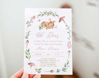 Inbjudan till babyshower med hjortmotiv, inbjudan till babyshower med hjortflicka, mall för inbjudan till hjortflicka, direkt nedladdning - FB9