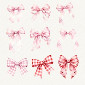 May include: A collection of nine watercolor illustrations of bows arranged in a grid. The bows feature various patterns including solid light pink, white polka dots on pink, light pink gingham, red gingham, and a pink background with red cherries.
