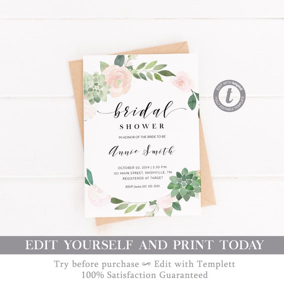 Succulent Bridal Shower Invitation, Floral Bridal Shower Invite Printable, Greenery, Invitation, Instant Download - GN3 Il_570xn