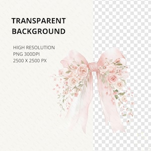 Pode incluir: Ilustra&ccedil;&atilde;o em aquarela de um la&ccedil;o rosa adornado com rosas e vegeta&ccedil;&atilde;o. O la&ccedil;o tem fitas longas e fluidas e &eacute; cercado por delicados arranjos florais. O texto &agrave; esquerda diz "TRANSPARENT BACKGROUND" e "HIGH RESOLUTION PNG 300DPI 2500 X 2500 PX".