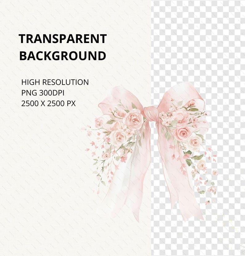 Pode incluir: Ilustra&ccedil;&atilde;o em aquarela de um la&ccedil;o rosa adornado com rosas e vegeta&ccedil;&atilde;o. O la&ccedil;o tem fitas longas e fluidas e &eacute; cercado por delicados arranjos florais. O texto &agrave; esquerda diz "TRANSPARENT BACKGROUND" e "HIGH RESOLUTION PNG 300DPI 2500 X 2500 PX".