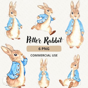May include: Watercolor illustrations of Peter Rabbit in various poses. Each rabbit wears a light blue jacket over a tan vest. The text "Peter Rabbit" is displayed in black script, with "6 PNG" and "COMMERCIAL USE" below.