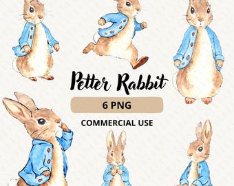 Petter Rabbit Clipart, Watercolor Bunny in Blue Jacket, Beatrix Potter Illustration for Baby shower, Baby Nursery, 6 PNG, Commercial Use