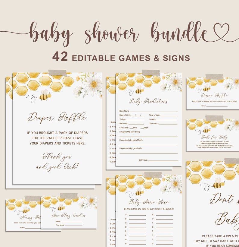 Bee Baby Shower Games, Honey Bee Baby Shower Bundle, Sweet as Can Bee Printable Games and Sign SPG4 image 1