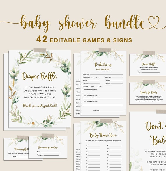 Baby Shower Games Bundle Greenery Baby Games Template Baby 