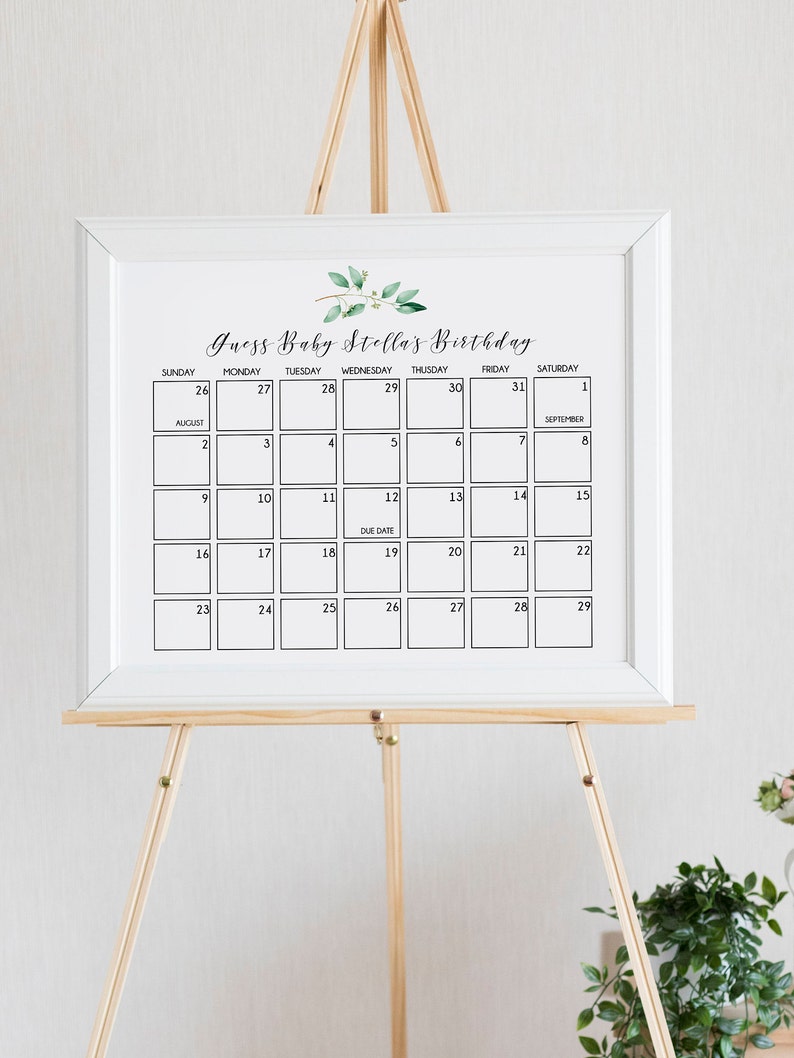 Baby Shower Game Greenery Baby Shower Printable Due Date Game Due Date Calendar Game Guess Baby/'s Birthday Editable Birthday Prediction