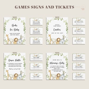May include: A set of printable baby shower game signs featuring a jungle animal theme. The signs include games like "Books for Baby", "Diaper Raffle", "Guess How Many Candies Are in the Jar", "How Big is Mommy's Belly", and "Mommy Bingo".