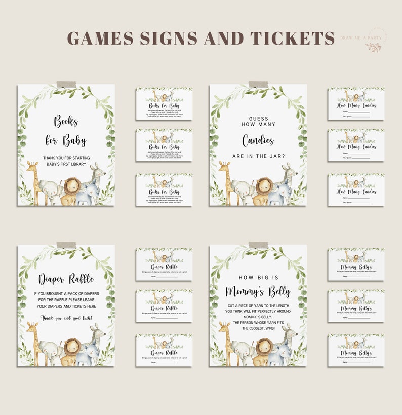 May include: A set of printable baby shower game signs featuring a jungle animal theme. The signs include games like "Books for Baby", "Diaper Raffle", "Guess How Many Candies Are in the Jar", "How Big is Mommy's Belly", and "Mommy Bingo".