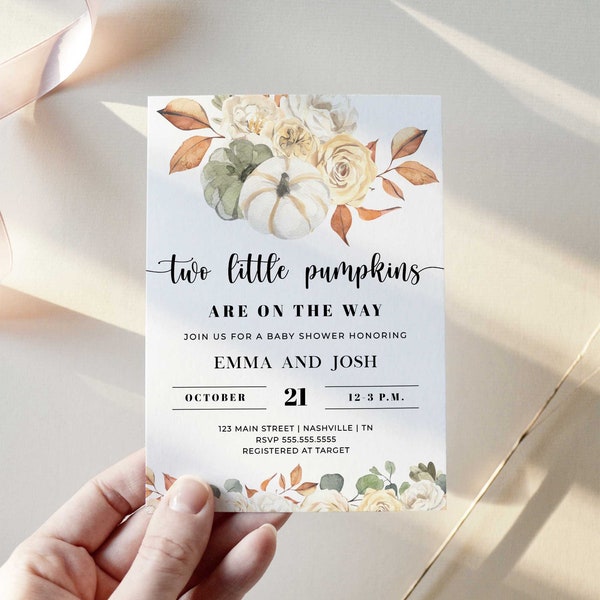 Two Little Pumpkins Baby Shower Invitation, Twin Baby Shower Invitation Template, Little Pumpkin is on the Way, Fall Printable Invite - LL4