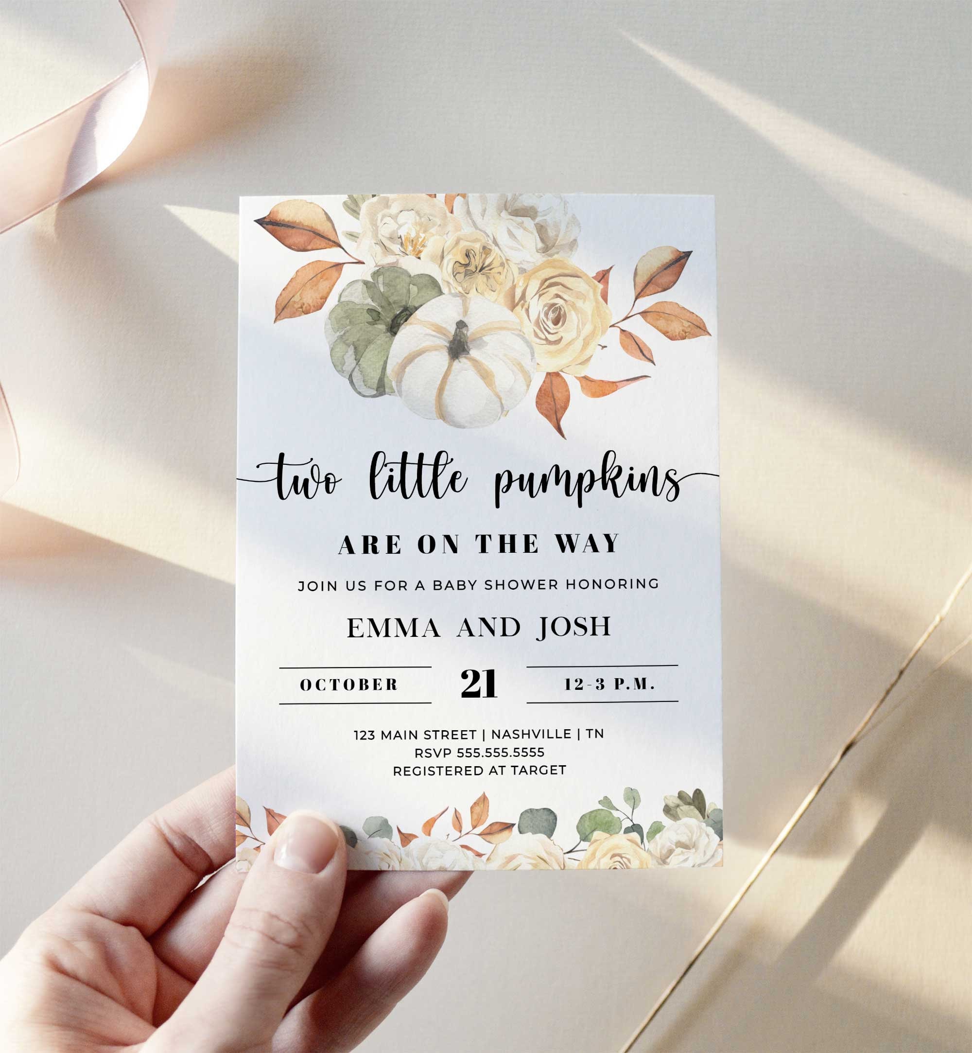 Two Little Pumpkins Baby Shower Invitation, Twin Baby Shower Invitation Template, Little Pumpkin is on the Way, Fall Printable Invite - LL4