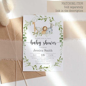 May include: A baby shower invitation with a jungle theme. The invitation features a watercolor illustration of a giraffe, elephant, lion, and zebra surrounded by green leaves. The text on the invitation reads "Please join us for a baby shower honoring Jessica Smith, May 18, 2-4PM, 123 Main Street, Nashville, TN, RSVP 555.555.5555, Registered at Target. Bring a pack of diaper, any size to be entered to win a prize!"