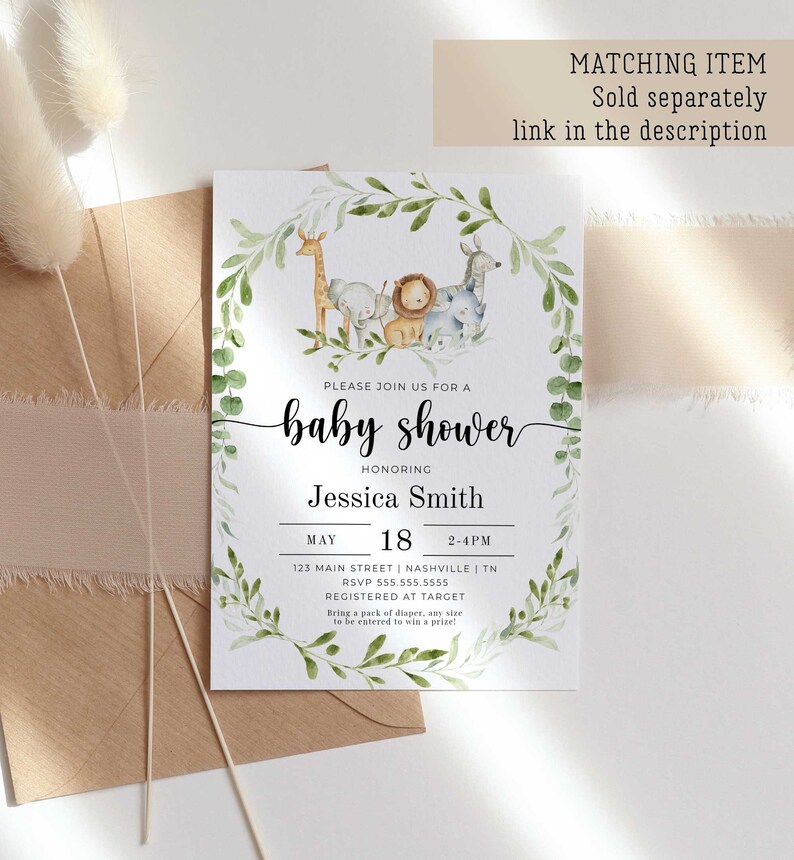 May include: A baby shower invitation with a jungle theme. The invitation features a watercolor illustration of a giraffe, elephant, lion, and zebra surrounded by green leaves. The text on the invitation reads "Please join us for a baby shower honoring Jessica Smith, May 18, 2-4PM, 123 Main Street, Nashville, TN, RSVP 555.555.5555, Registered at Target. Bring a pack of diaper, any size to be entered to win a prize!"
