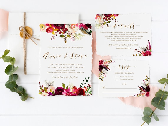 Burgundy Wedding Invitation Template, Boho Wedding Invitation Set, Marsala Wedding Invitation Suite, Burgundy Flowers Bohemian - FL2 Il_570xn