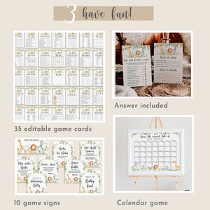 Puede incluir: Una colecci&oacute;n de juegos y letreros para baby shower con tem&aacute;tica de animales de safari. Incluye 35 tarjetas de juego editables, 10 letreros de juego y un juego de calendario. El texto "3 have fun!" est&aacute; en la parte superior.