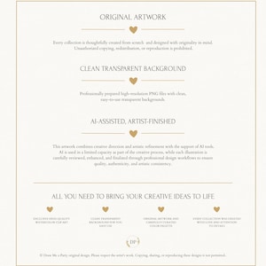 May include: A white informational graphic with gold text and heart icons. It details product features including original artwork, transparent backgrounds, and AI-assisted design. The text includes headings like ORIGINAL ARTWORK and CLEAN TRANSPARENT BACKGROUND.