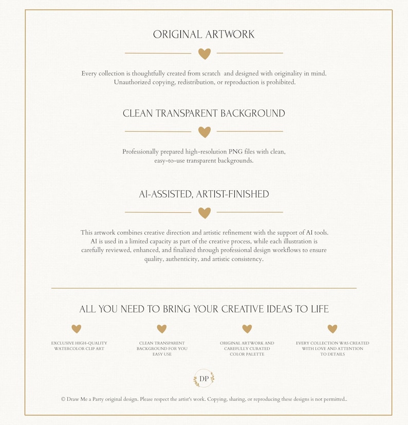 May include: A white informational graphic with gold text and heart icons. It details product features including original artwork, transparent backgrounds, and AI-assisted design. The text includes headings like ORIGINAL ARTWORK and CLEAN TRANSPARENT BACKGROUND.