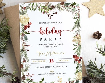 May include: Holiday party invitation with floral and greenery border. The invitation includes the text "holiday party" in red script, along with event details. The invitation is on a white background, with a brown envelope behind it.