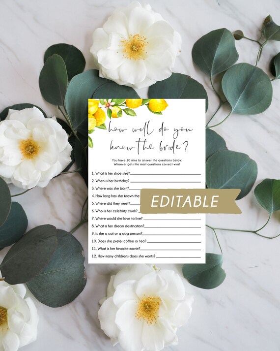 How Well Do You Know The Bride - Lemon Bridal Shower Games- Custom Game - Printable Game - Who Knows Bride Best - B1 Il_570xn