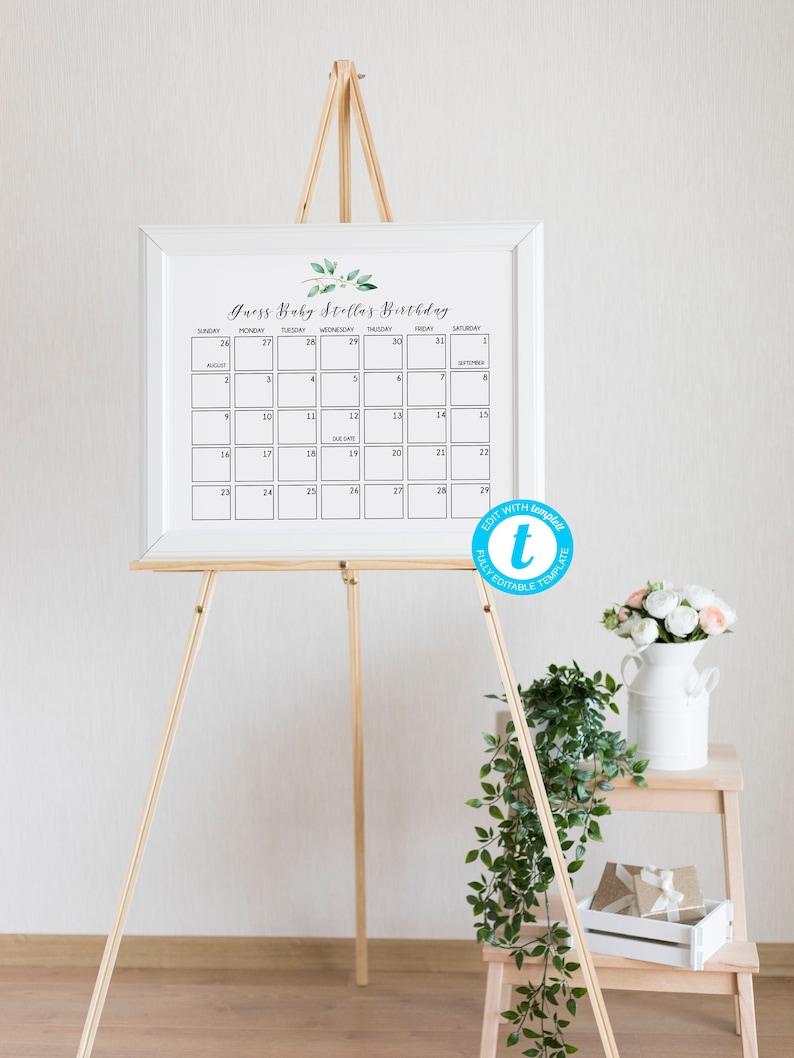 Baby Shower Game Greenery Baby Shower Printable Due Date Game Due Date Calendar Game Guess Baby/'s Birthday Editable Birthday Prediction