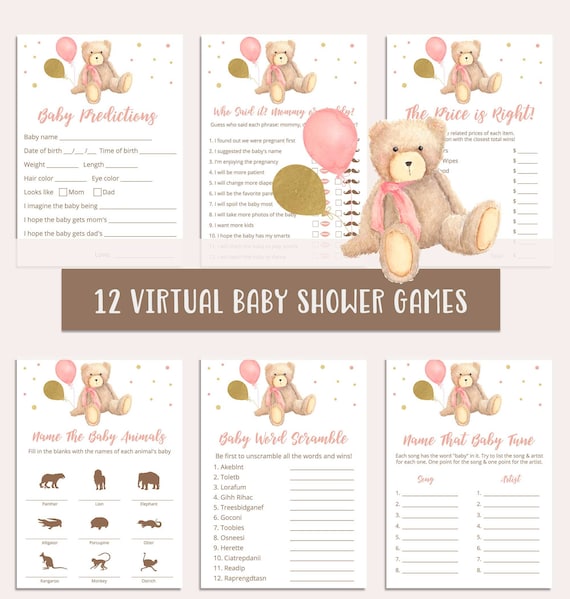 Pink Teddy Bear Baby Shower Game Bundle, Virtual Baby Shower Games, Teddy Bear Baby Shower Girl, Printable or Play Online Il_570xn