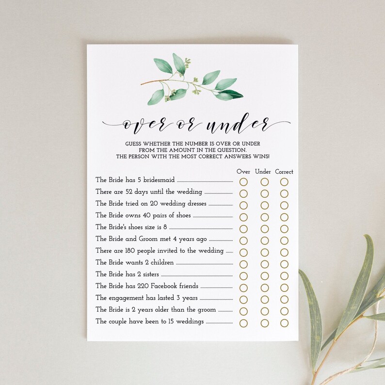 Over or under bridal shower games ideas, greenery wedding shower game, printable game, instant download GN1 image 1