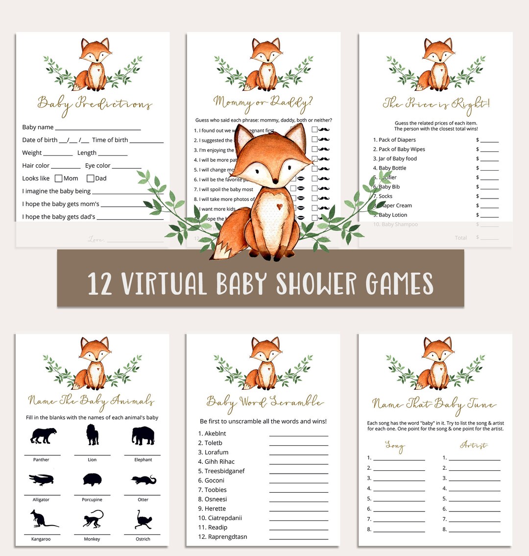 Zoom Baby Shower Games Bundle, Virtual Baby Shower Games, Fox Baby