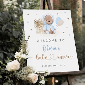 Teddybeer Baby Boy Shower Sign, Welcome Sign, Bewerkbaar Baby Shower Sign, Instant Download - NP2